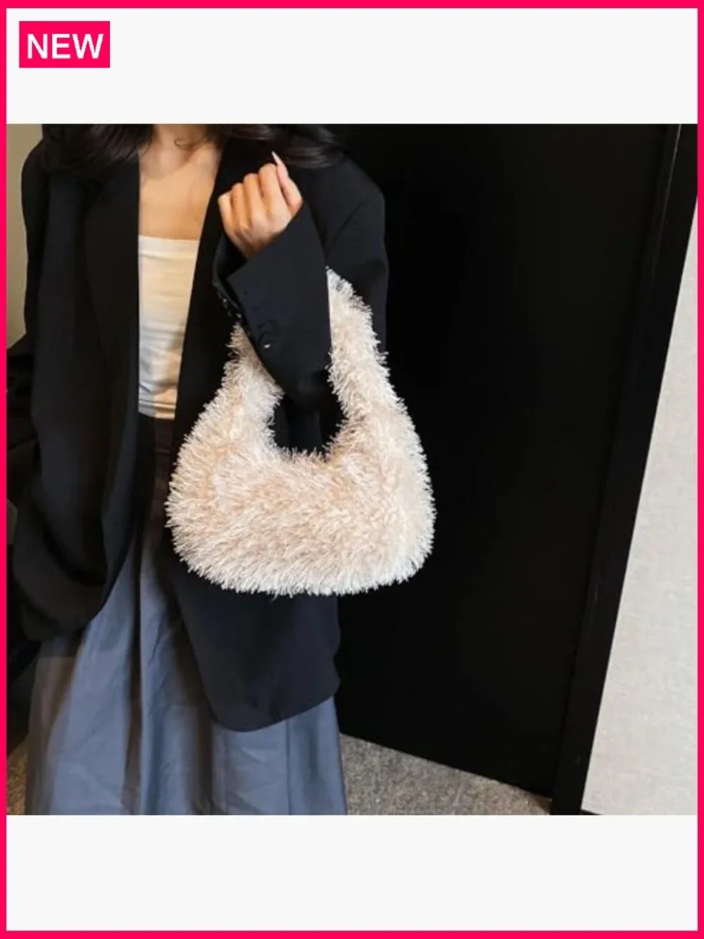 Faux Fur Fluffy Hobo Bag Furry Handbag Purse Y2K Fuzzy Tote Bag Cute Plush
